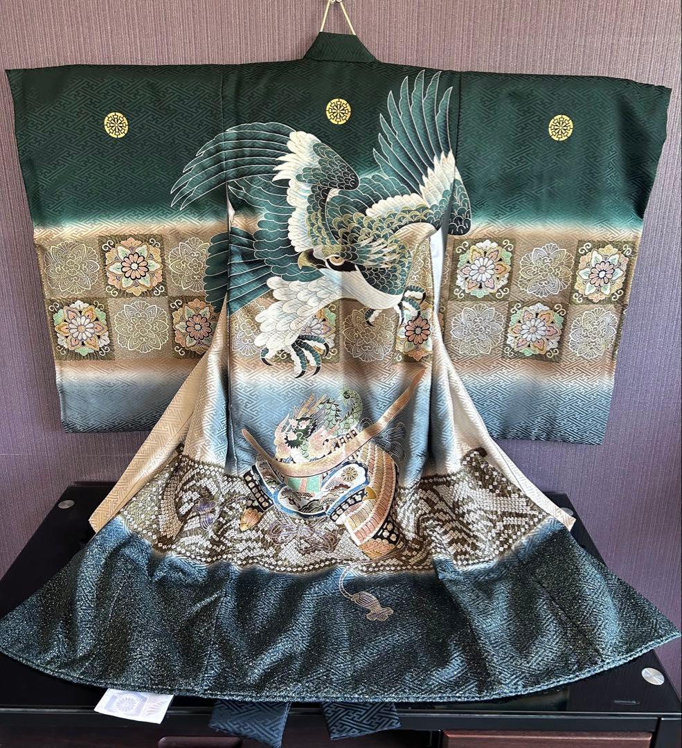 高級お宮参り着 男の子　日本製「鷹と龍」模様　産着 初着　絹