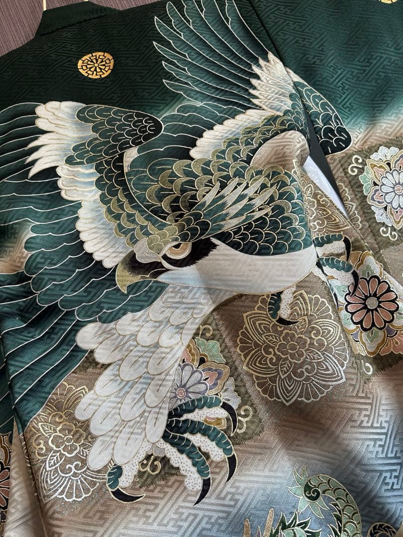 高級お宮参り着 男の子　日本製「鷹と龍」模様　産着 初着　絹