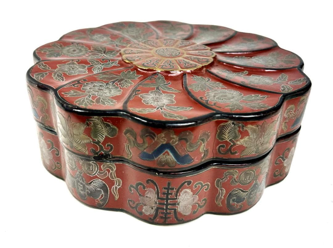 時代物 木製 唐花唐草福壽七宝塗菓子器 唐物喰籠 彩絵 沈金 描金WWWT034