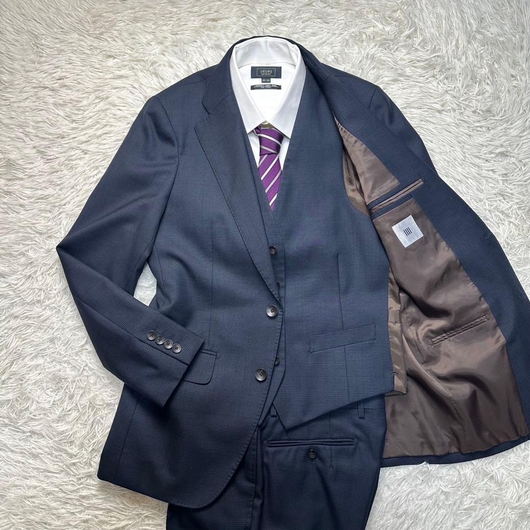 未使用級 スーツセレクト スリーピース ペンチェック ネイビー ウール混 Y6