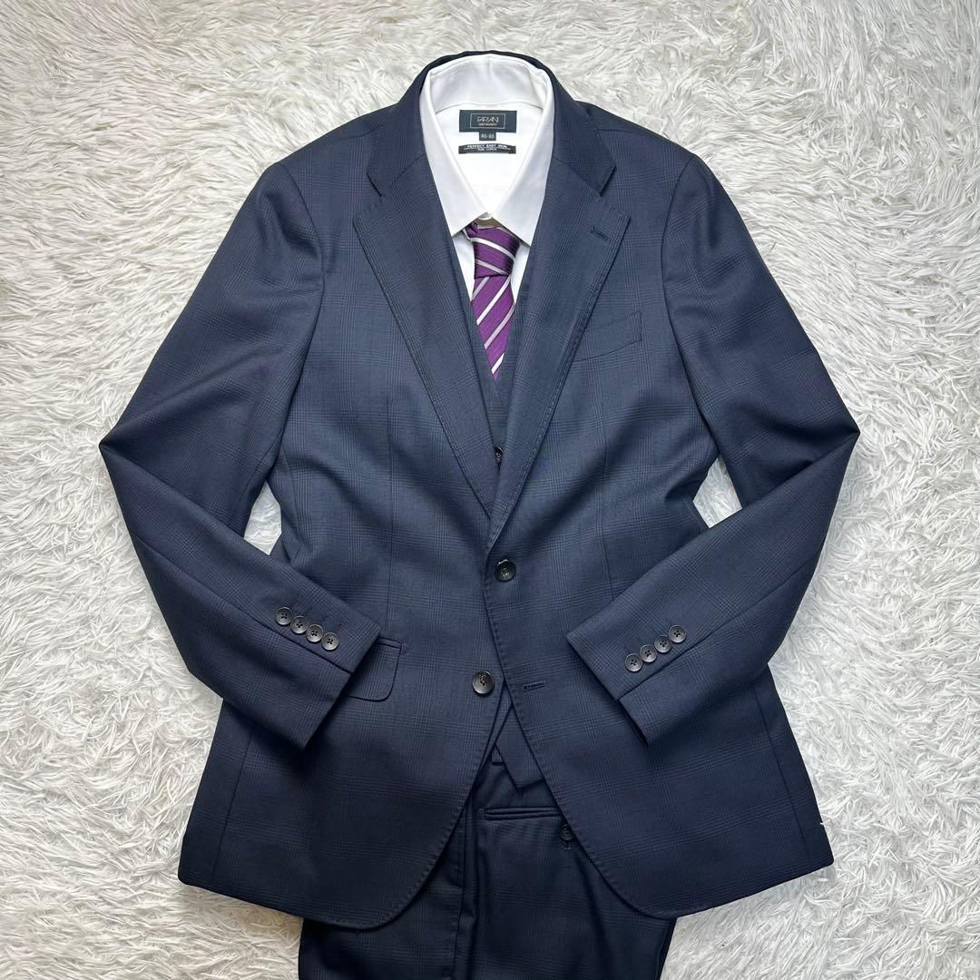 未使用級 スーツセレクト スリーピース ペンチェック ネイビー ウール混 Y6