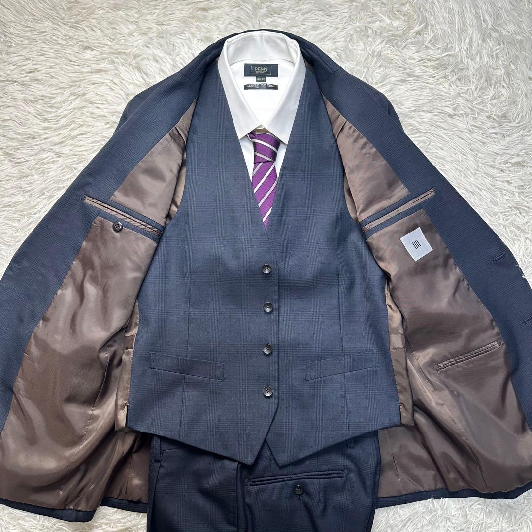 未使用級 スーツセレクト スリーピース ペンチェック ネイビー ウール混 Y6