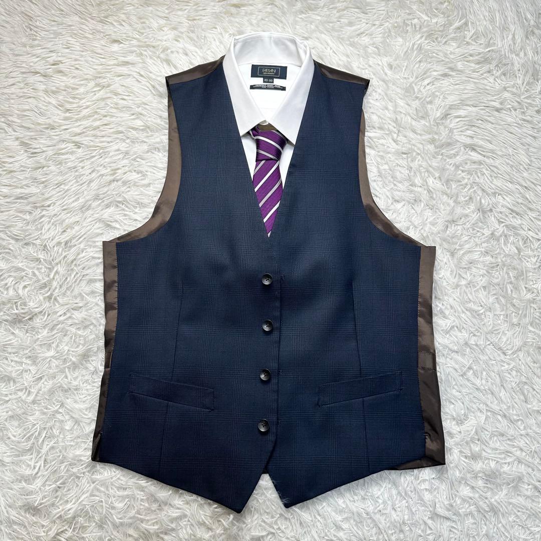 未使用級 スーツセレクト スリーピース ペンチェック ネイビー ウール混 Y6
