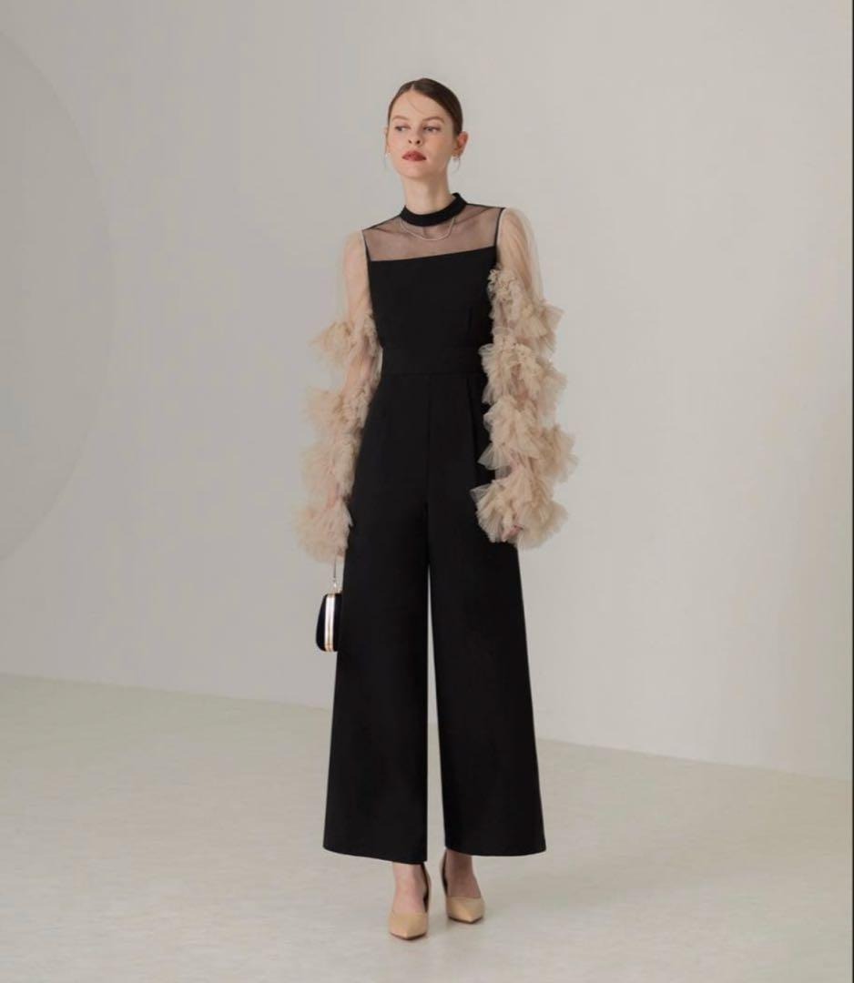 Leja ボリュームチュールスリーブオールインワンパンツドレス　ブラック　M