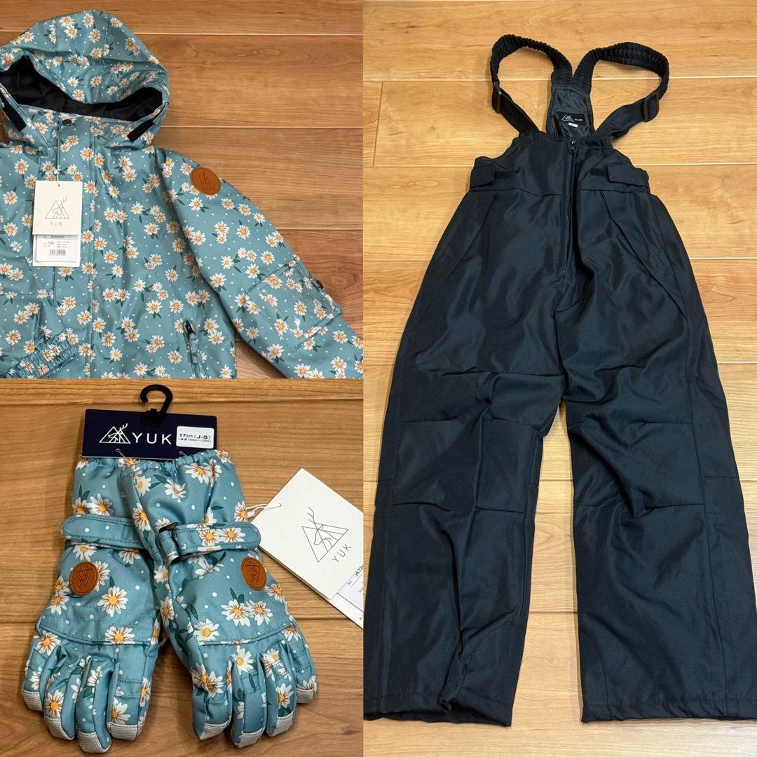【新品未使用】YUK スキーウェア 130 花柄 上下セット 手袋付き 超撥水