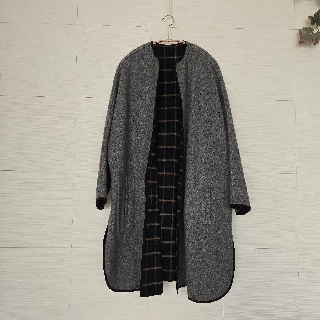 モガ　グレー&チェックのリバーシブル 2フェイスWoolコート