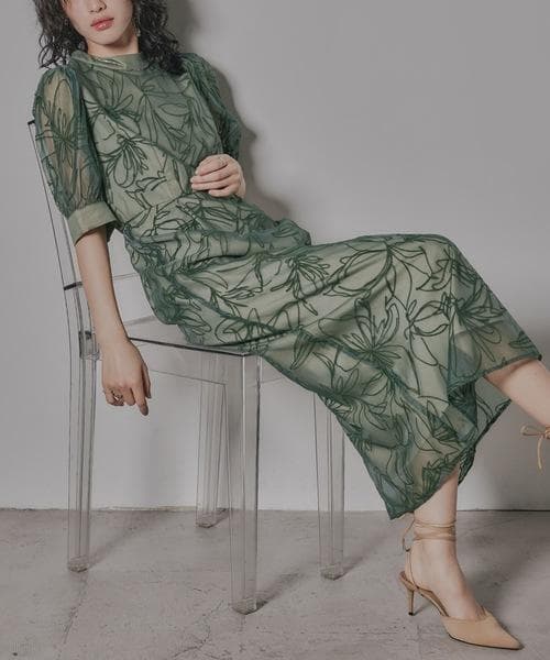 美品 niana ニアナ 花柄フロッキーオーガンジー ドレス M 結婚式お呼ばれ