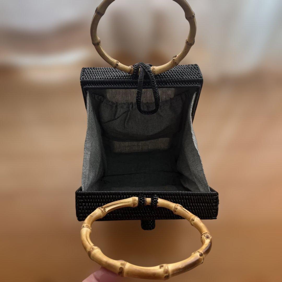 【新品未使用】きものやまと✩⡱アタレクタングル竹ハンドルバッグ【黒】カゴバッグ