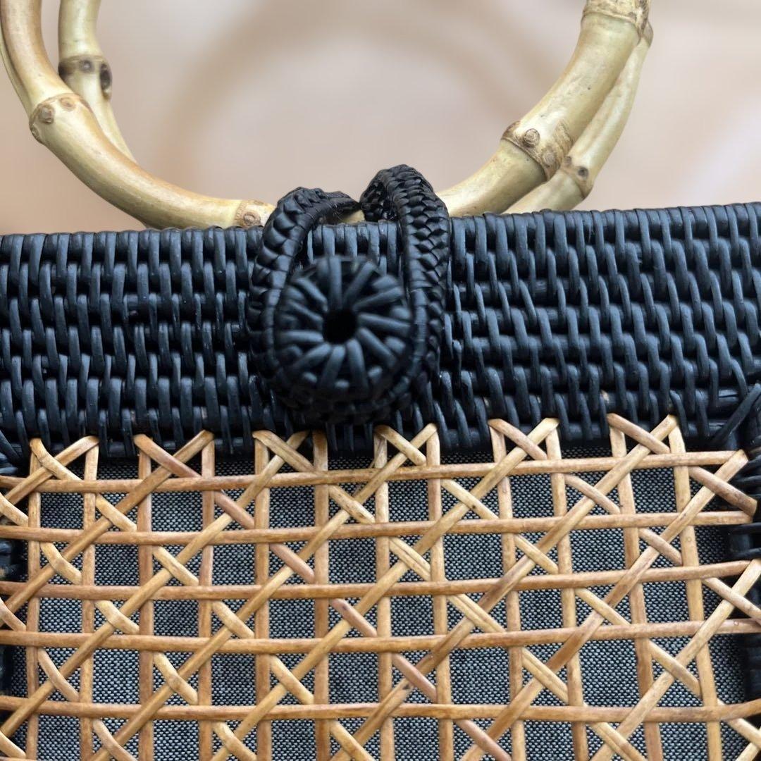 【新品未使用】きものやまと✩⡱アタレクタングル竹ハンドルバッグ【黒】カゴバッグ