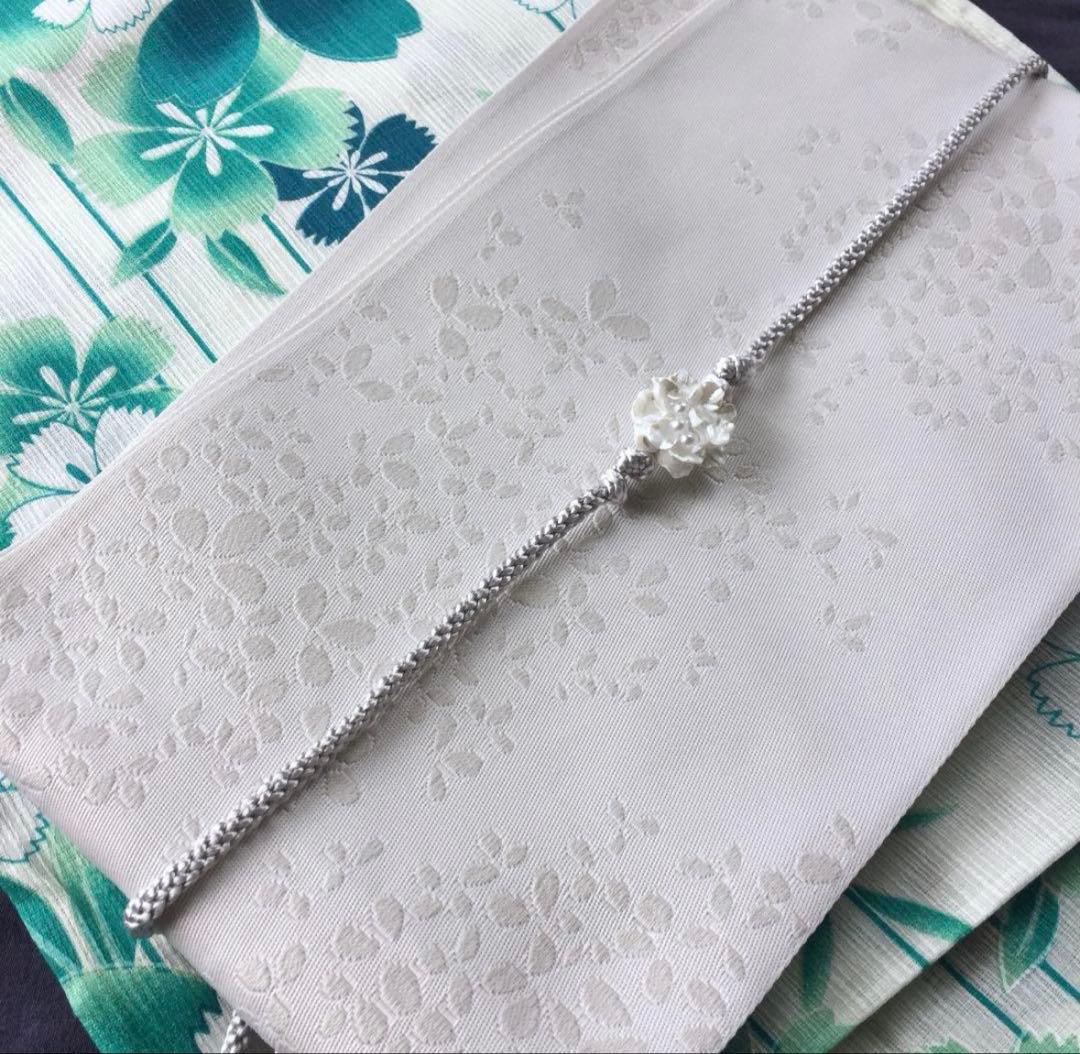 帯飾り付 高級綿麻浴衣 盛夏 淡緑にふわり桜花 浴衣4点セット