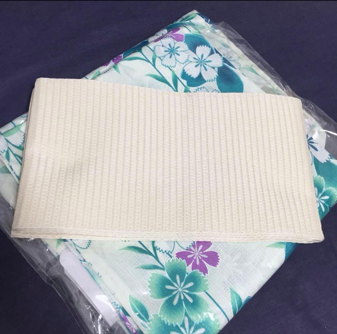 帯飾り付 高級綿麻浴衣 盛夏 淡緑にふわり桜花 浴衣4点セット