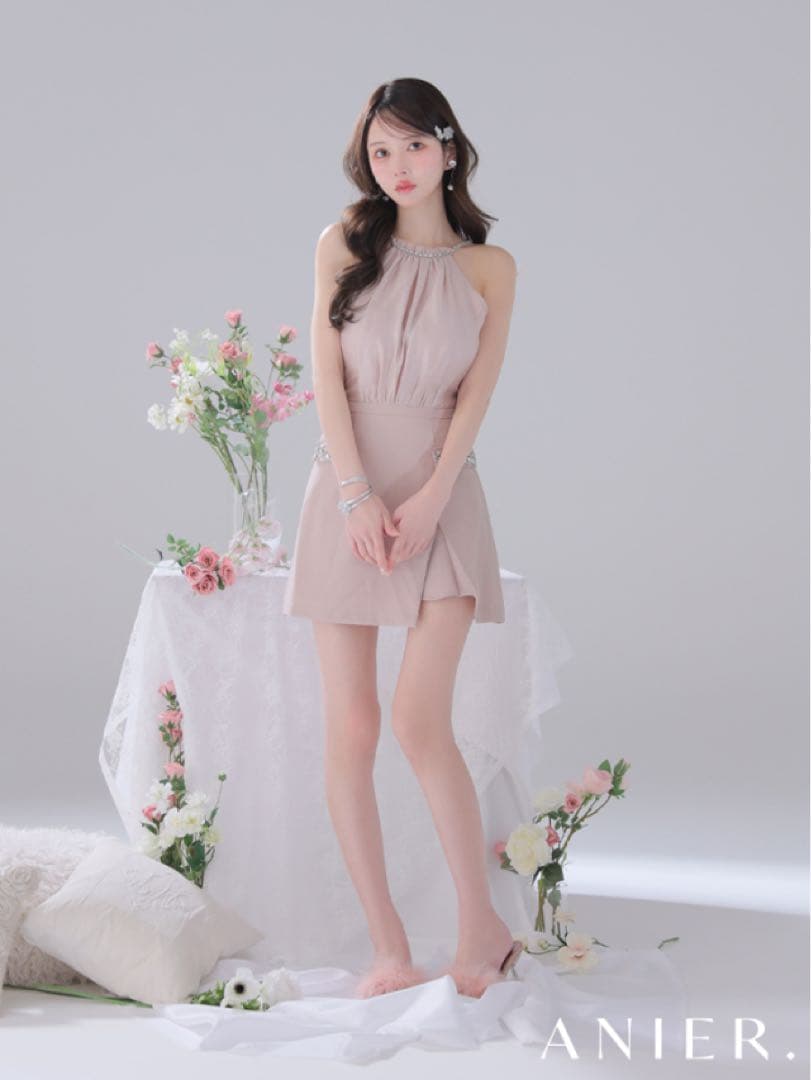 ローブドフルールサテンビジューミニドレス