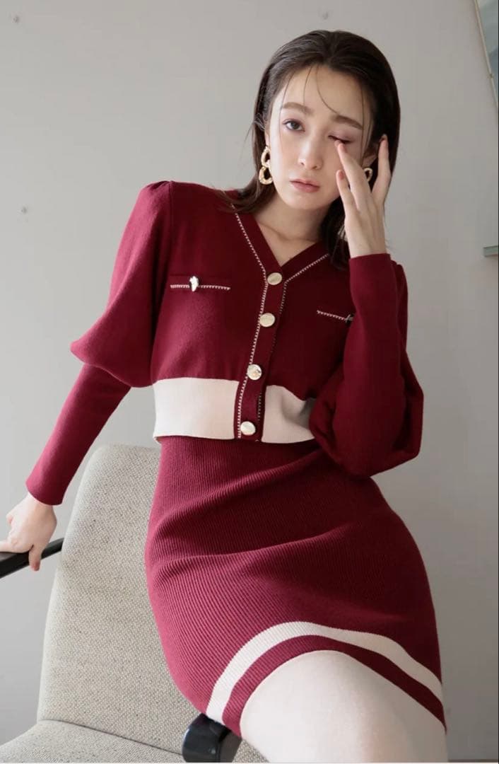 【rienda】バイカラーカーデセットニットワンピース