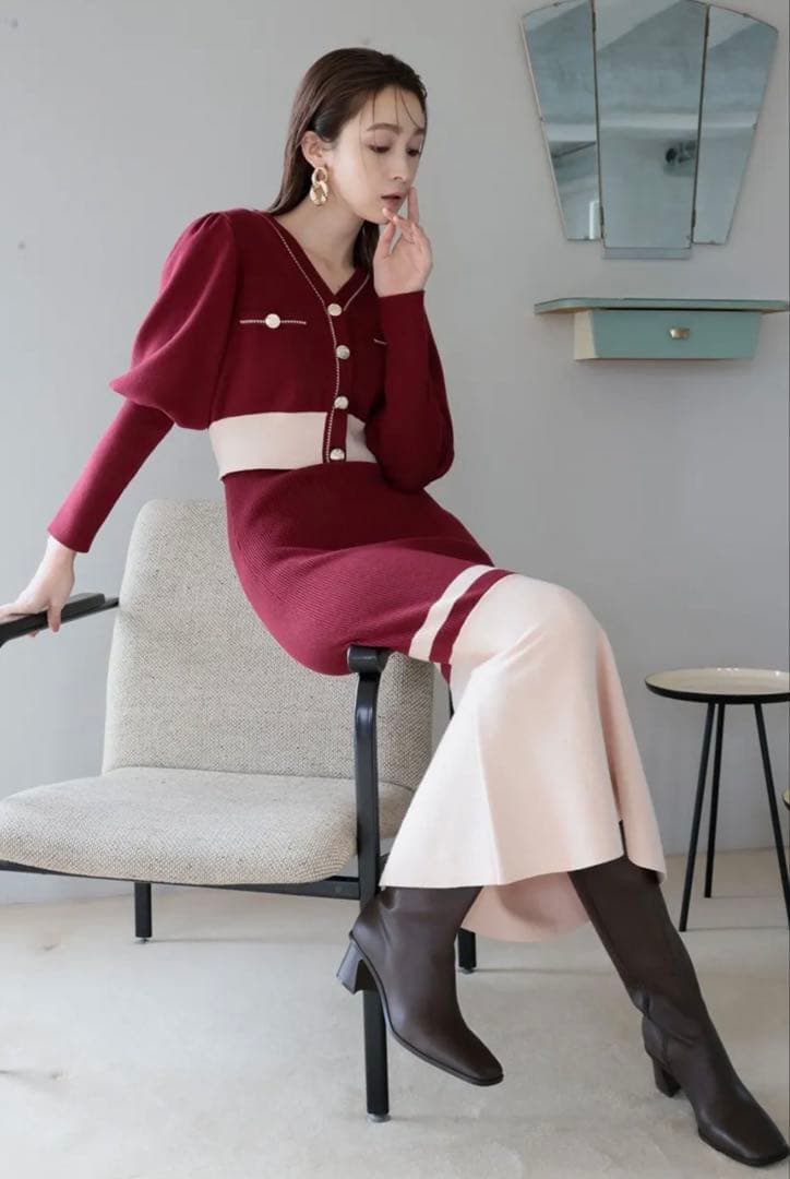 【rienda】バイカラーカーデセットニットワンピース