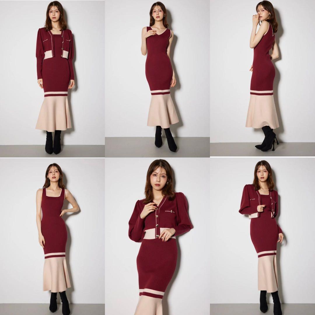 【rienda】バイカラーカーデセットニットワンピース