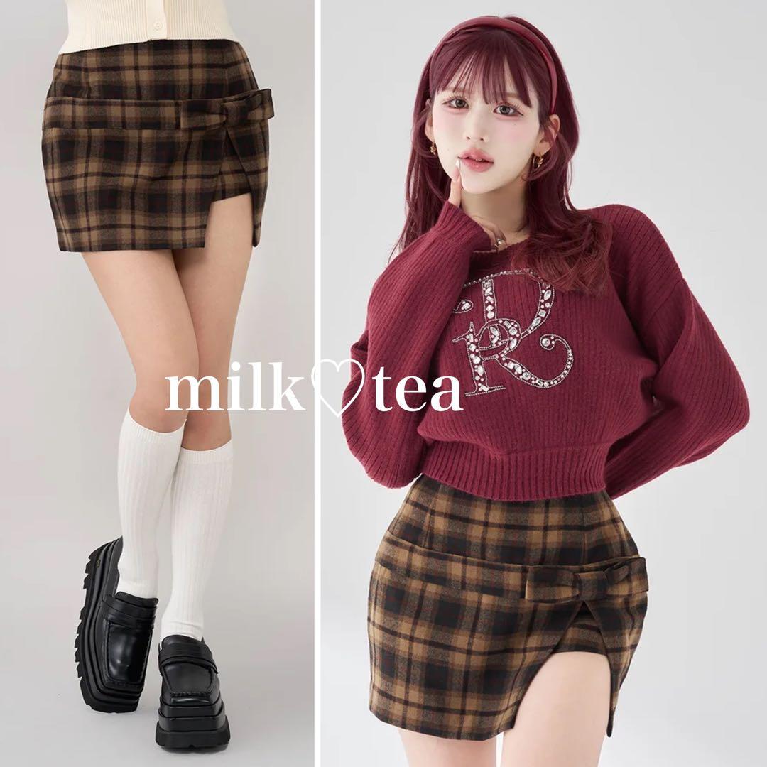 新品タグ付き ダーリッチ スリットチェックリボンミニスカート ブラウン S