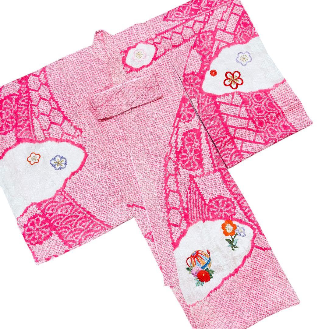 【新品未使用】豪華総絞り 総刺繍 正絹 お宮参り 産着 長襦袢付 ピンク