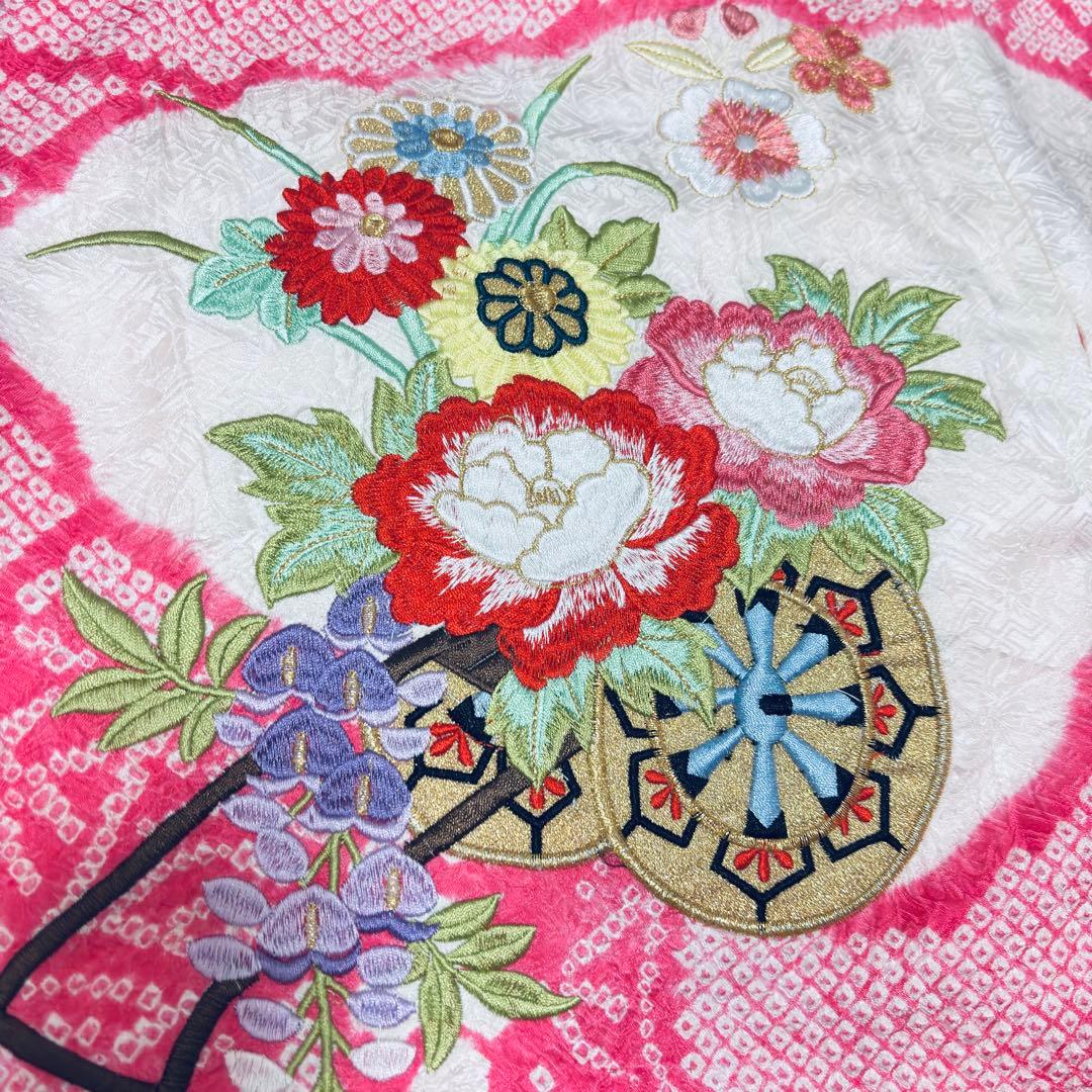 【新品未使用】豪華総絞り 総刺繍 正絹 お宮参り 産着 長襦袢付 ピンク