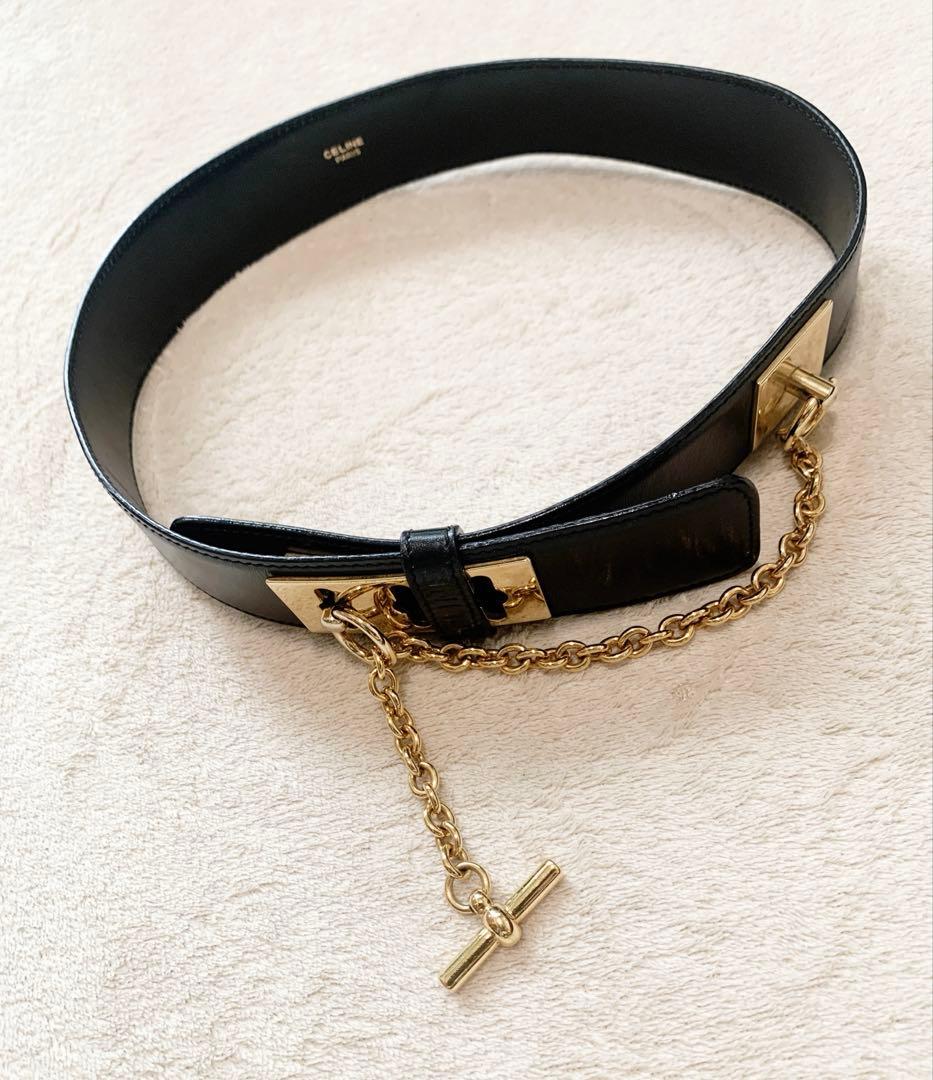 ⭐︎CELINE ヴィンテージマンテルブラックレザーベルト ゴールド金具