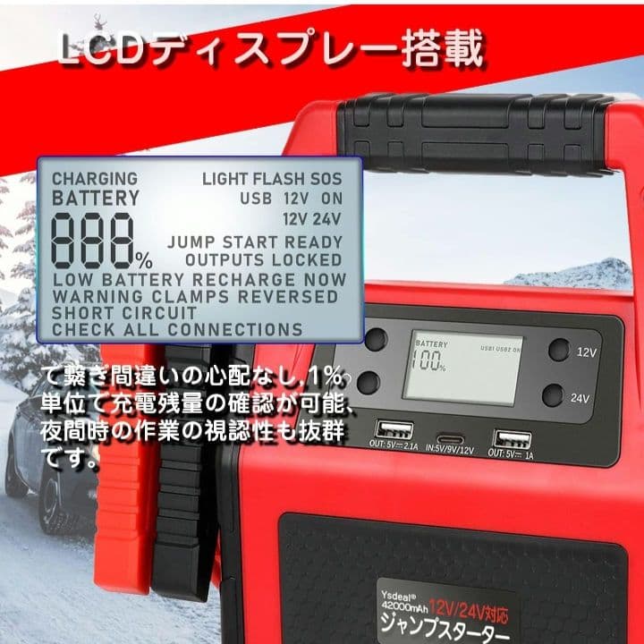 2000mAh 12V/24V ジャンプスターター ピーク電流1500A