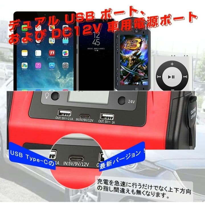 2000mAh 12V/24V ジャンプスターター ピーク電流1500A