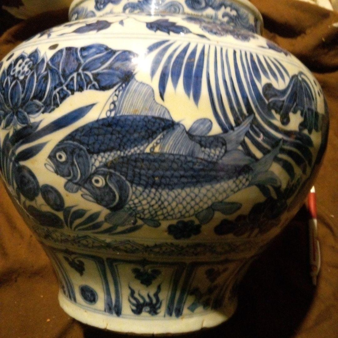 中国陶磁器　元染付　 魚と植物の装飾 壺