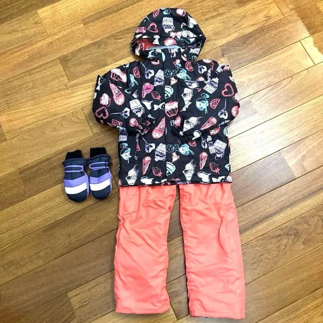 子供用スキーウェアセット　黒とピンク120 cm パープルグローブ15cm