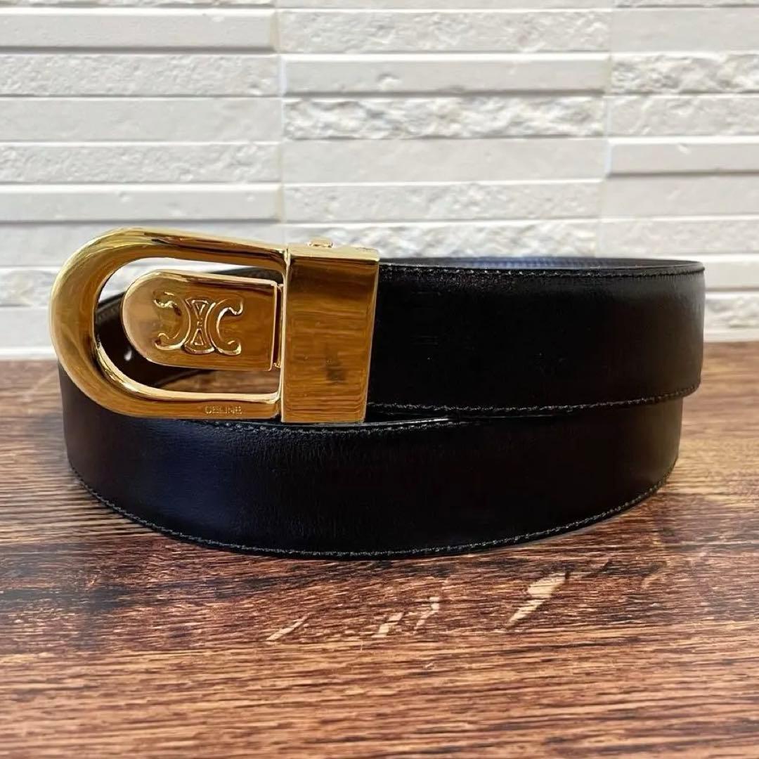 美品 セリーヌ レザー ベルト トリオンフ バックル リバーシブル ブラック.