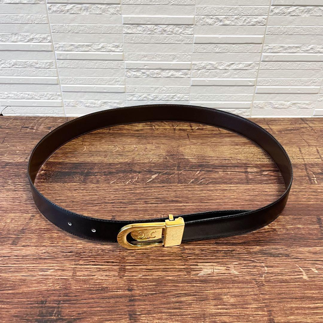 美品 セリーヌ レザー ベルト トリオンフ バックル リバーシブル ブラック.
