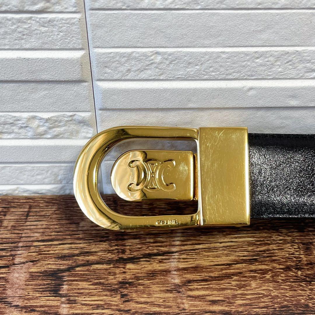 美品 セリーヌ レザー ベルト トリオンフ バックル リバーシブル ブラック.