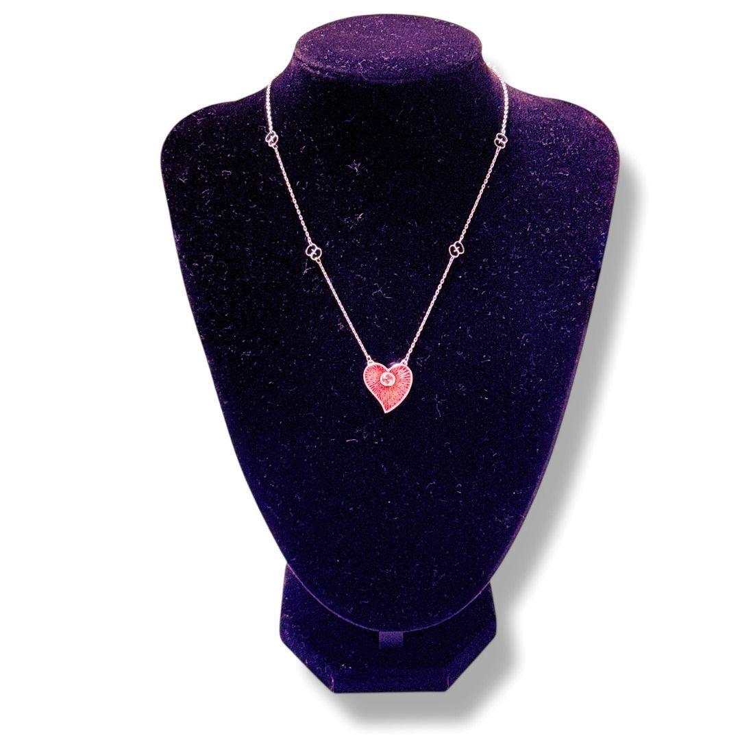 【超美品】グッチ インターロッキングG ハート ネックレス シルバー レッド