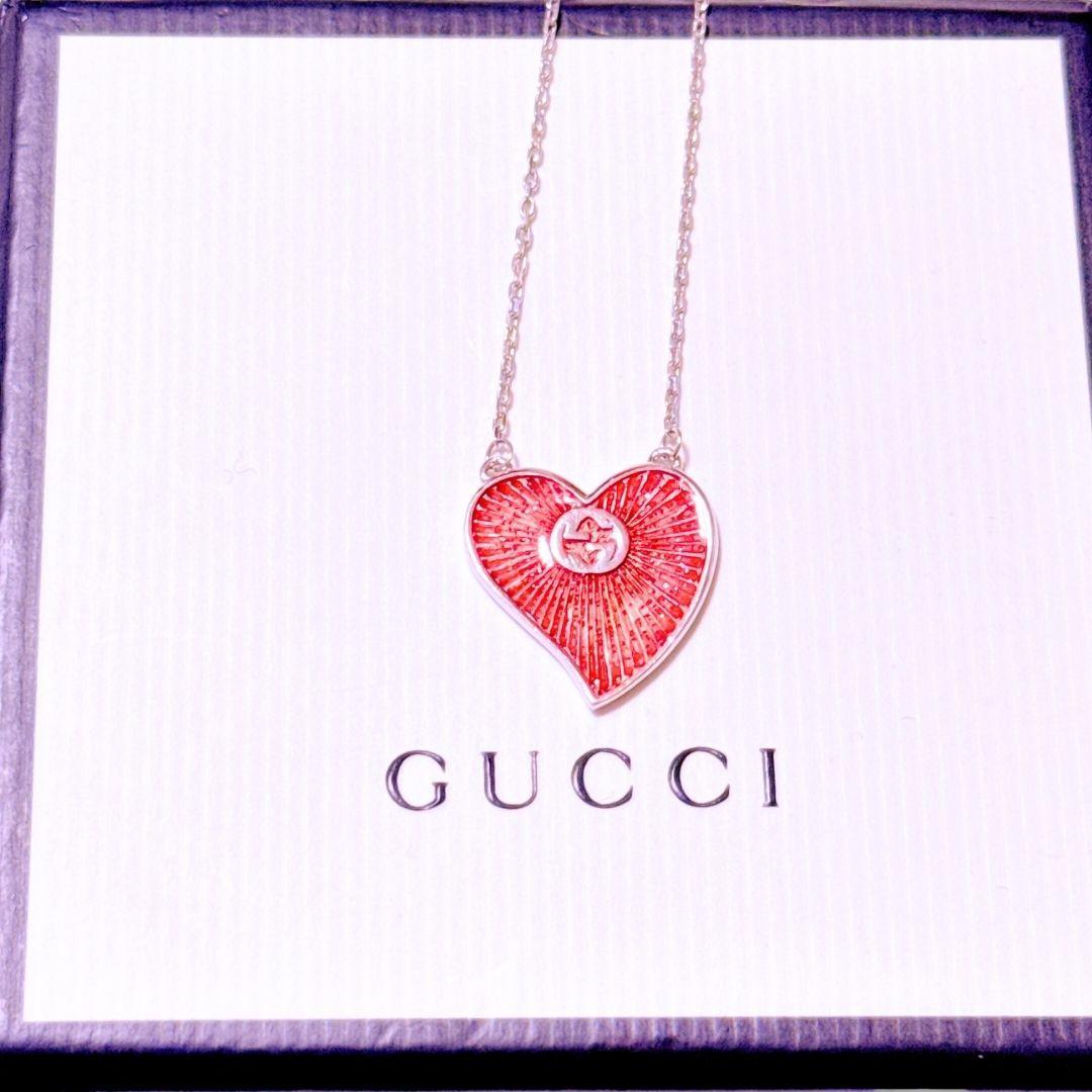 【超美品】グッチ インターロッキングG ハート ネックレス シルバー レッド
