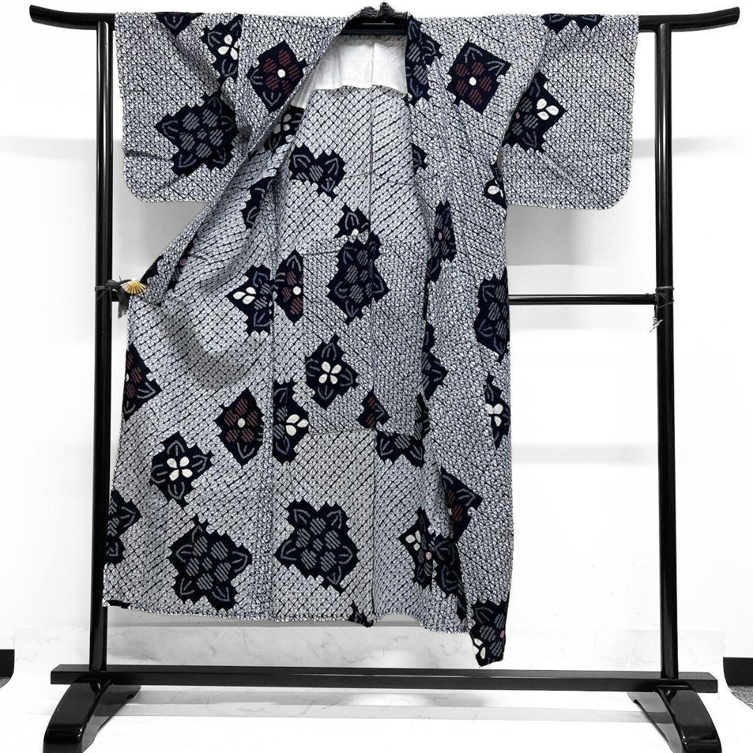 藍染　変わり菱　花模様　浴衣　有松鳴海絞り　着物　042a p