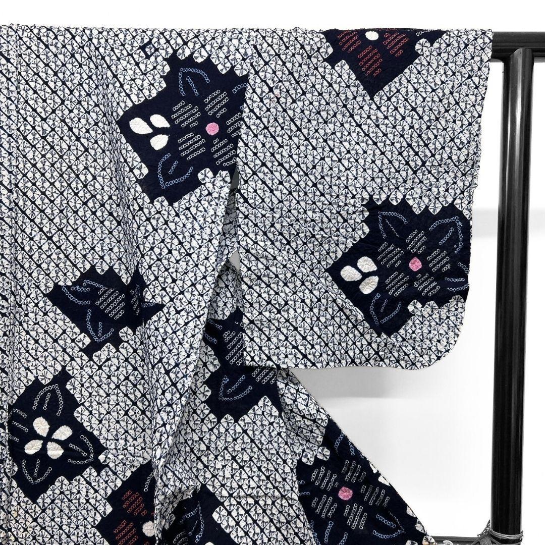 藍染　変わり菱　花模様　浴衣　有松鳴海絞り　着物　042a p