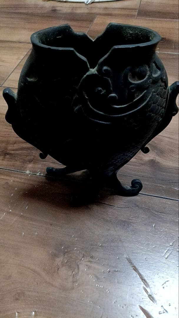 中国 古銅製 双魚花入 花器 花生 魚文 銅器　N64