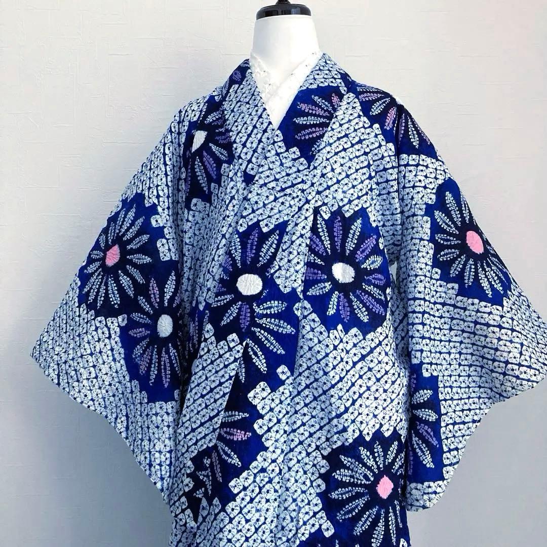 有松絞り浴衣　蜘蛛絞り　しつけ糸付　手縫い　絞り浴衣　身丈152 No-Ａ100