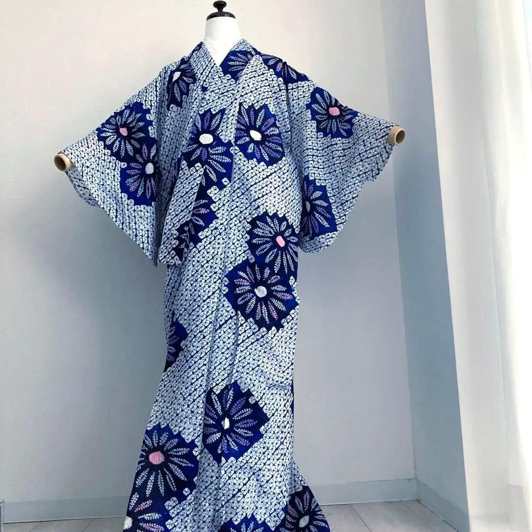 有松絞り浴衣　蜘蛛絞り　しつけ糸付　手縫い　絞り浴衣　身丈152 No-Ａ100