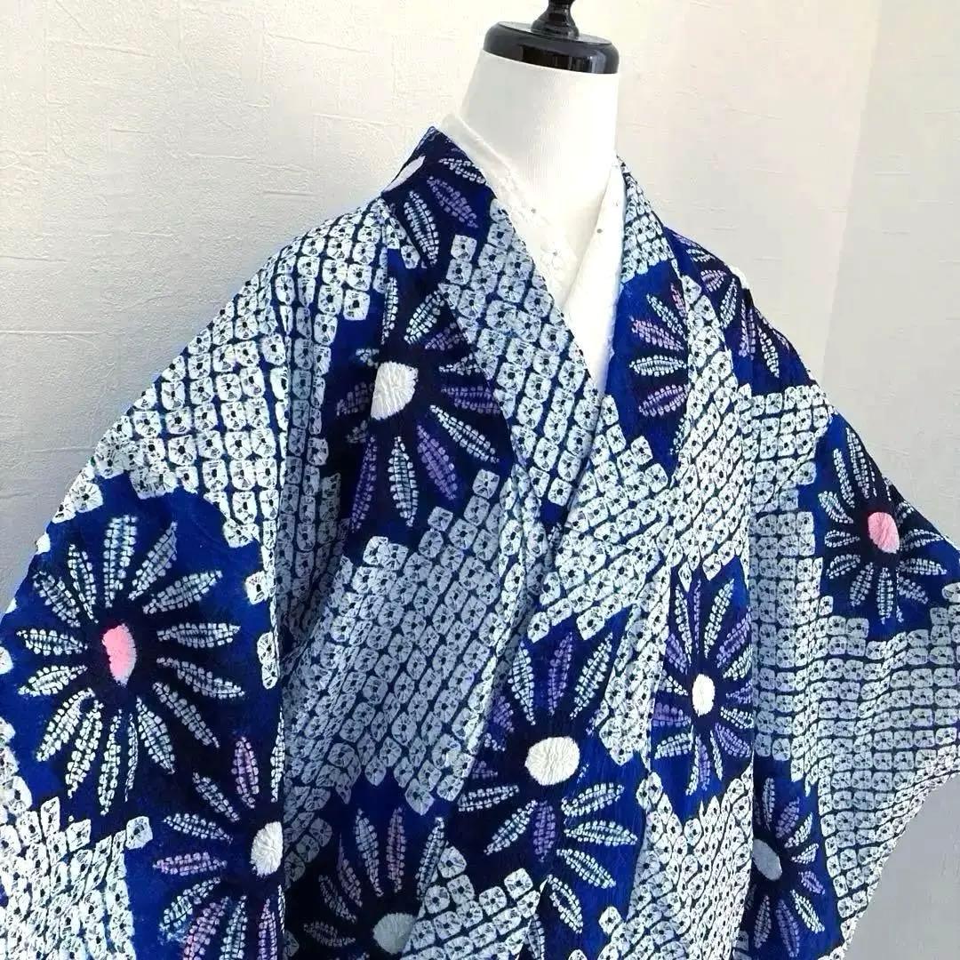 有松絞り浴衣　蜘蛛絞り　しつけ糸付　手縫い　絞り浴衣　身丈152 No-Ａ100