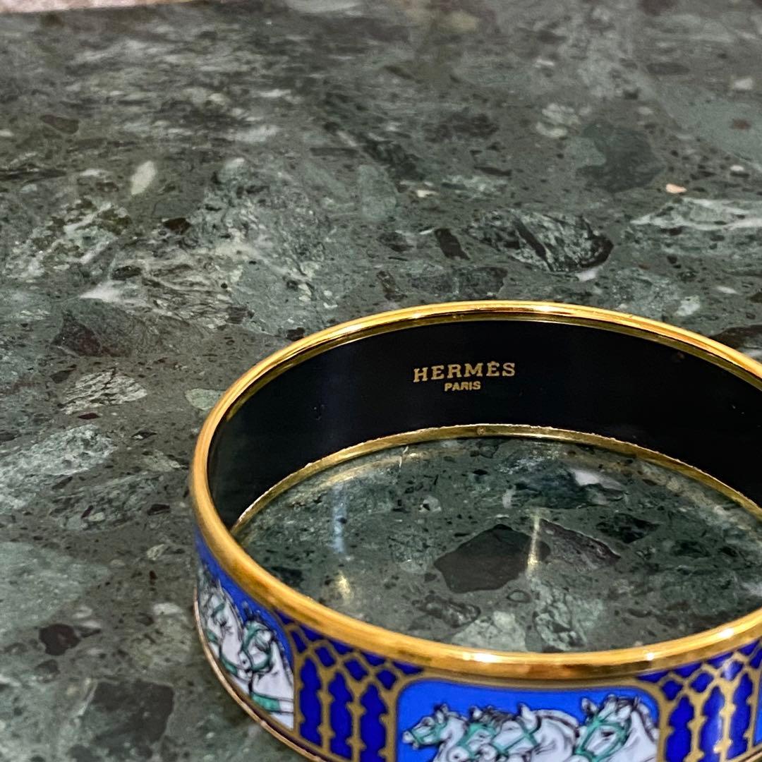 HERMES エマイユGM バングル 四頭馬 七宝焼 ゴールド×ブルー