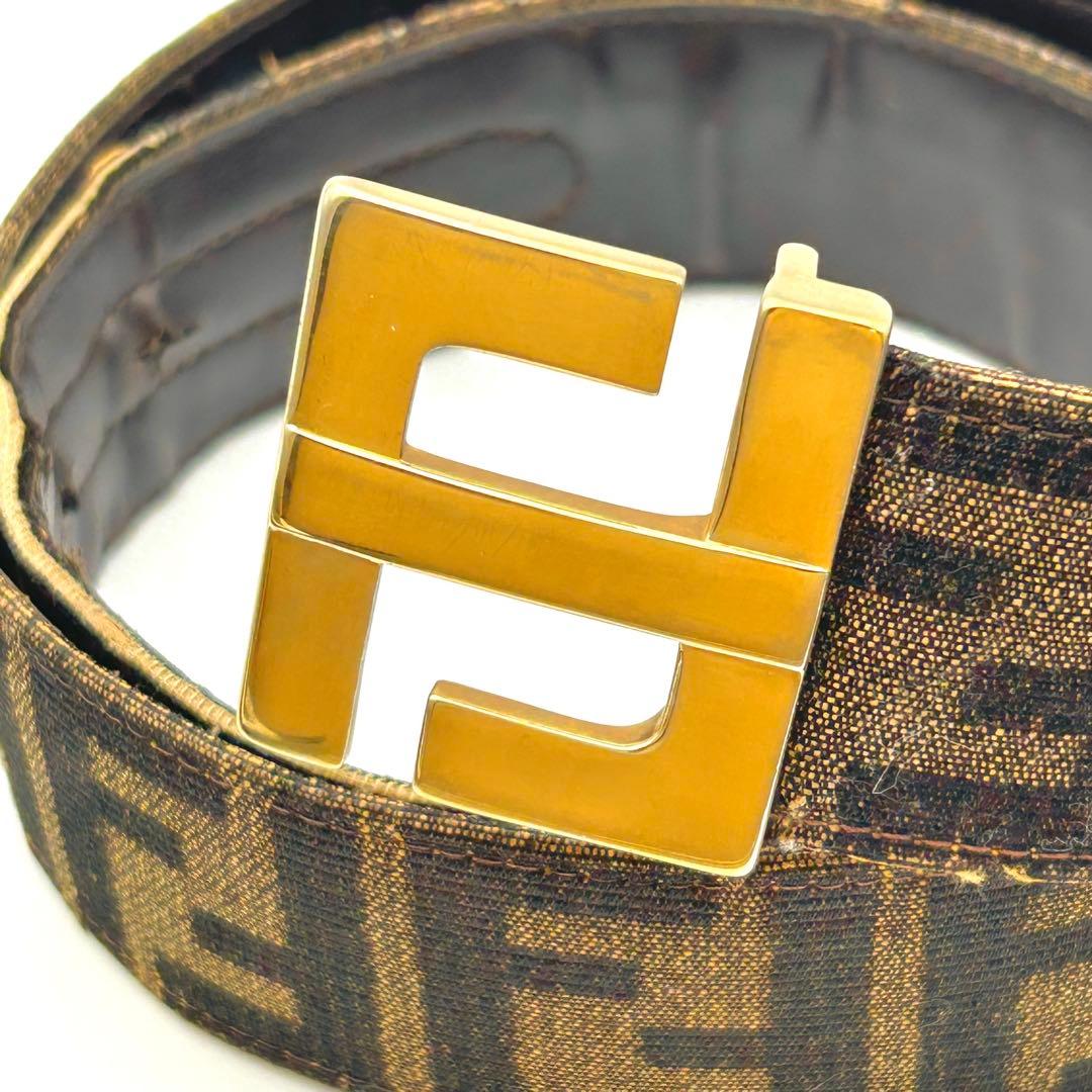 【美品】FENDI ズッカ柄 FFロゴ バックル ベルト ブラウン キャンバス