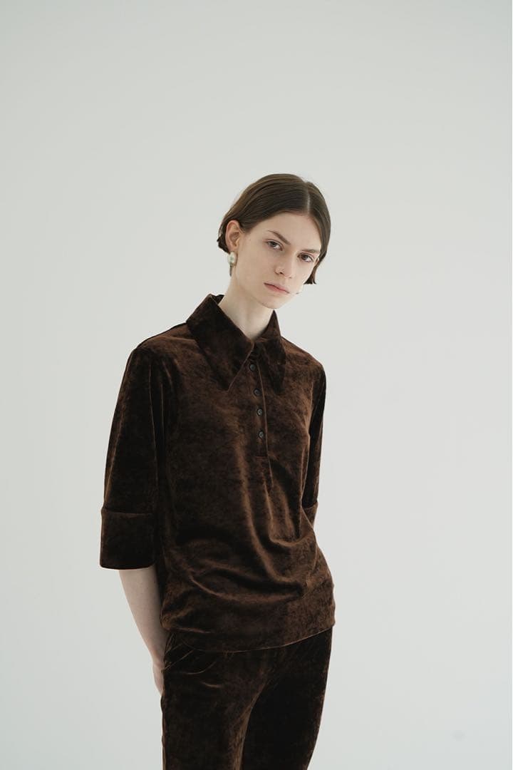 新品タグ付 店舗購入CLANE CRUSHED VELOUR POLO TOPS