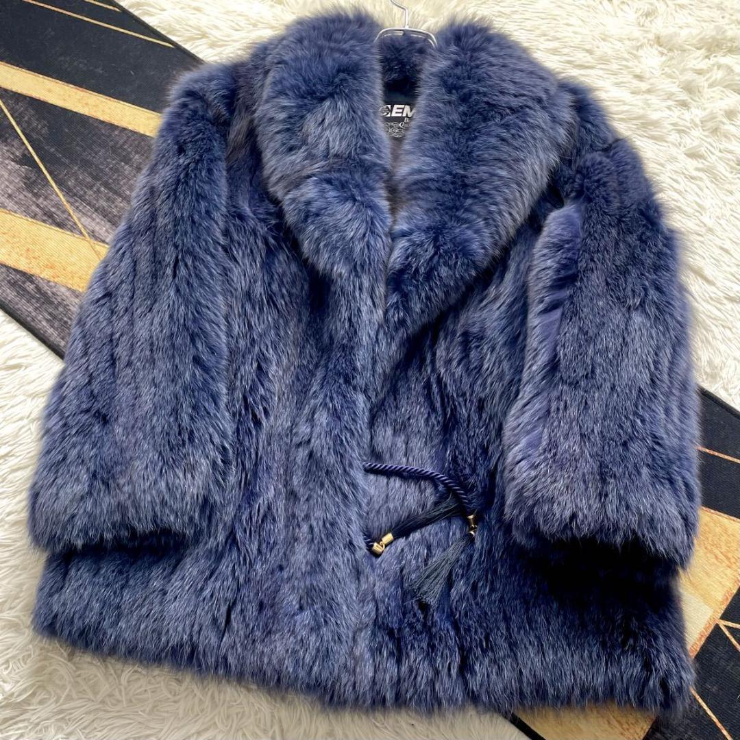 肉厚◎/総丈83 希少カラー ブルー フォックス ファーコート 毛皮 L エンバ