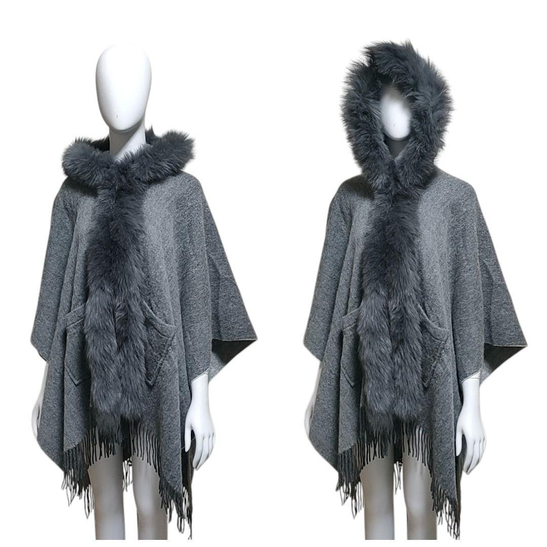 【新品・タグ付】カシミヤ100% フォックスファー ポンチョ ケープ グレー