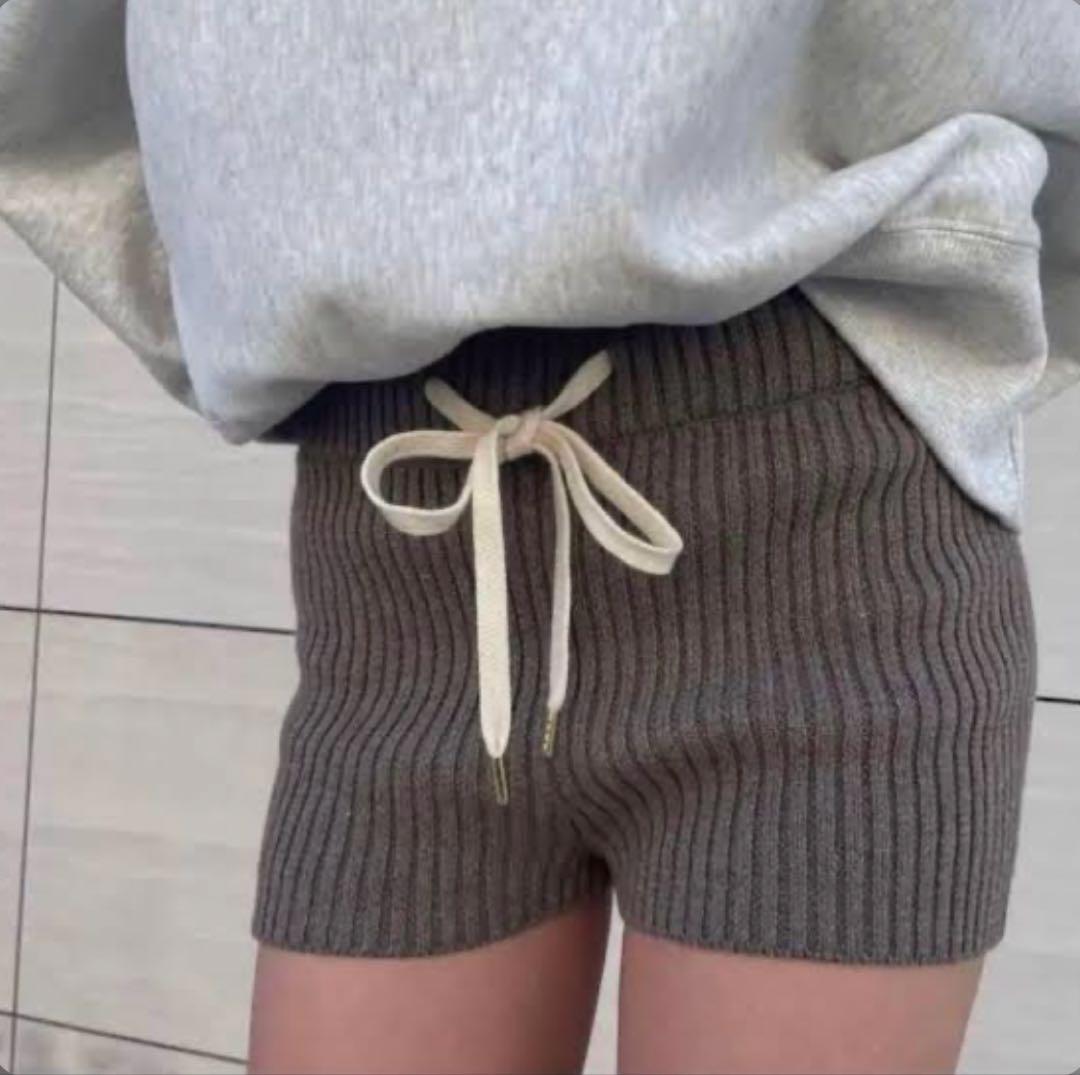 juemi ニット ショーパン リブ編み ベージュ ブラウン ショートパンツ