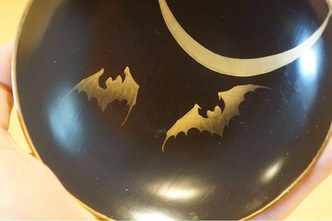 明治期 輪島塗 工房印有 三日月に蝙蝠蒔絵 溜塗 吸物椀 2客/木製漆器 茶懐石