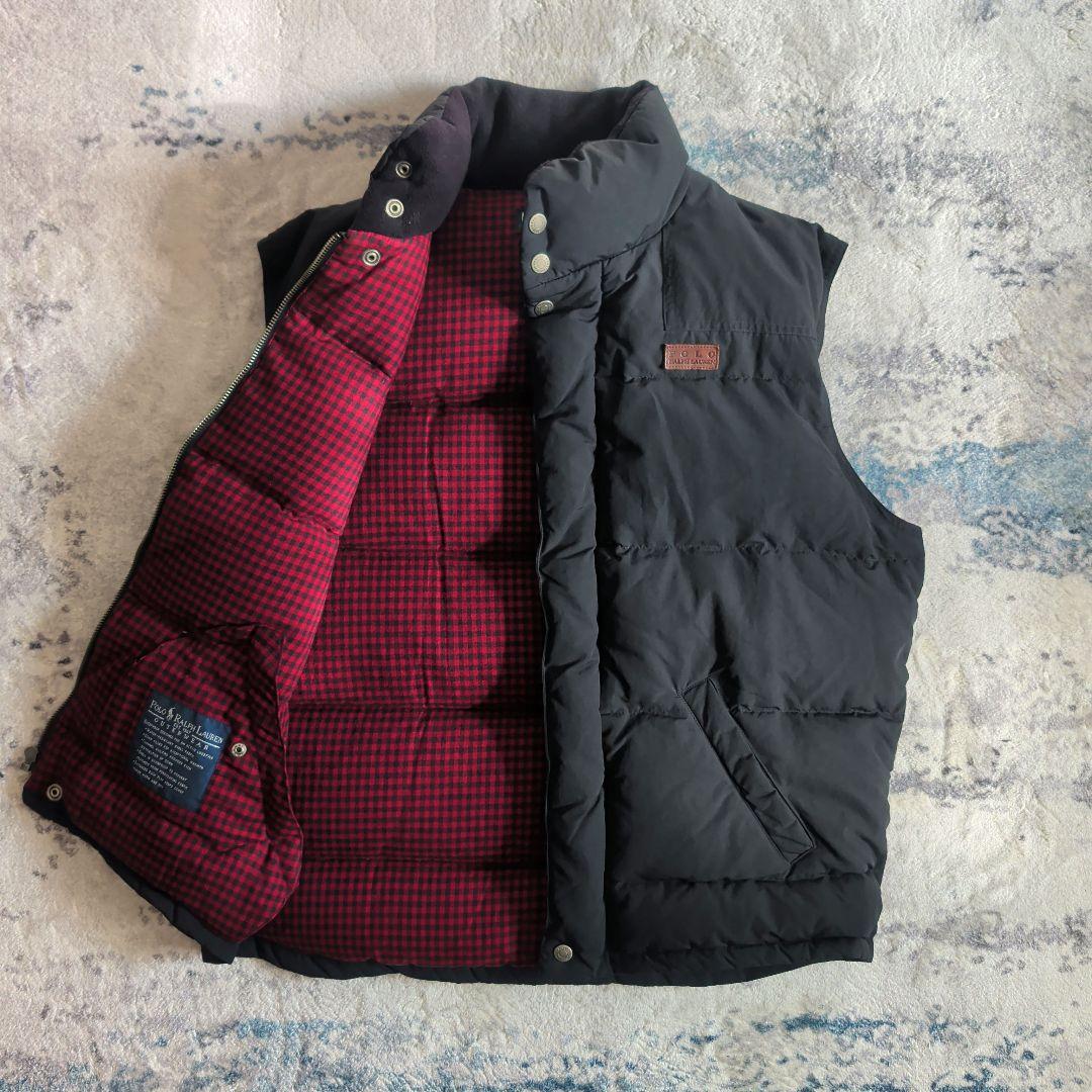希少 90s ポロラルフローレン ダウンベスト革タグ 裏地ギンガムチェック