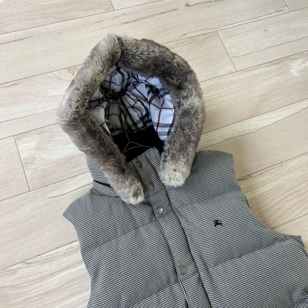 バーバリーブラックレーベル 千鳥 フード リアルファー ダウン ベスト L