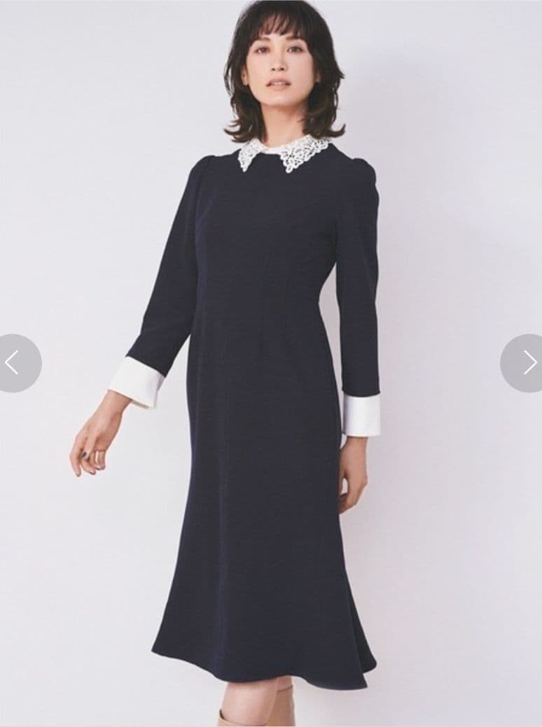 セルフォード　34 レース襟付きネイビーAラインワンピース