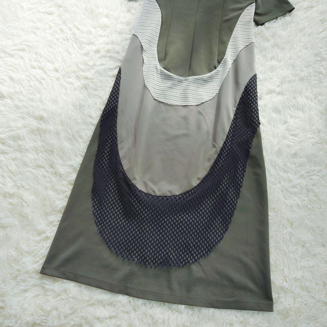 UN3D. 華やかカーブ 切替 メッシュデザイン ロング ワンピース M 半袖