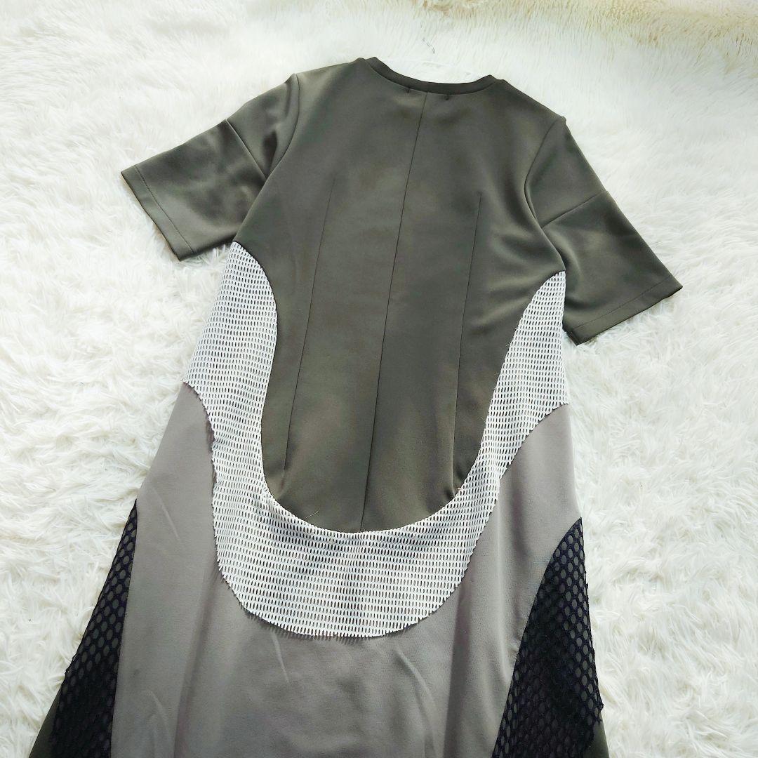 UN3D. 華やかカーブ 切替 メッシュデザイン ロング ワンピース M 半袖